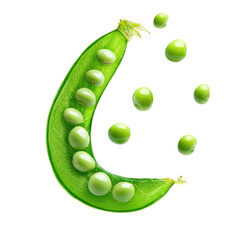 Fresh green pea pod with peas scattered around, isolated on transparent background, cutout png