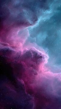 Vibrant cosmic nebula with swirling pink and teal hues and distant stars