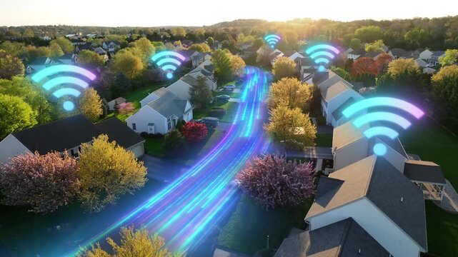 Wifi animation over modern American houses in spring. Golden hour sunset with futuristic neighborhood. Wifi internet connected broadband in suburban town. Internet of things. Aerial.