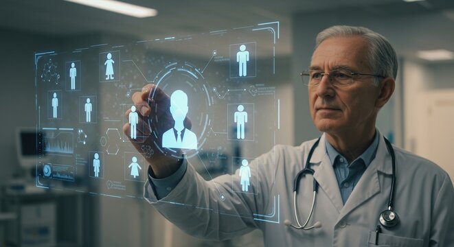 Senior Doctor Interacting with Futuristic Medical Interface in Modern Clinic - Powered by Adobe