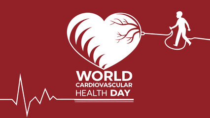 World Cardiovascular Health Day: Stylized Heart Graphic,  Person Walking,  Heartbeat Monitor,  Red Background,  Minimalist Design,  Conceptual Illustration,  Healthcare Awareness.