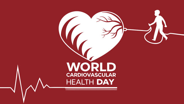 World Cardiovascular Health Day: Stylized Heart Graphic, Person Walking, Heartbeat Monitor, Red Background, Minimalist Design, Conceptual Illustration, Healthcare Awareness.