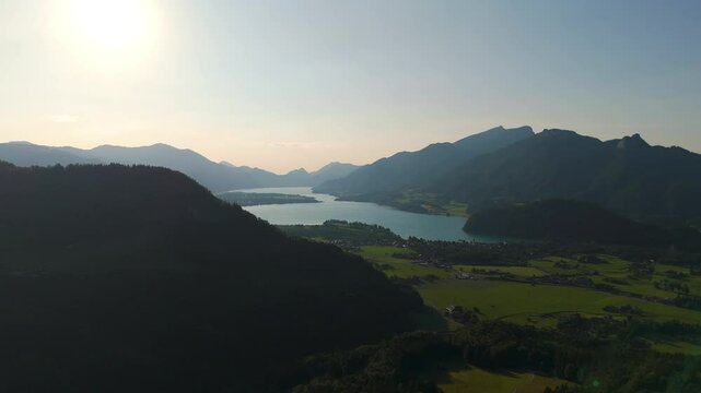 Aerial Drone Shot of Strobl Alpine Town and Lake Wolfgangsee