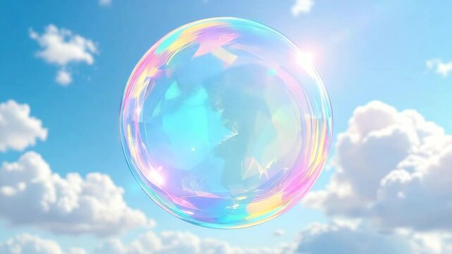 Colorful soap bubble floating in blue sky with soft white clouds  