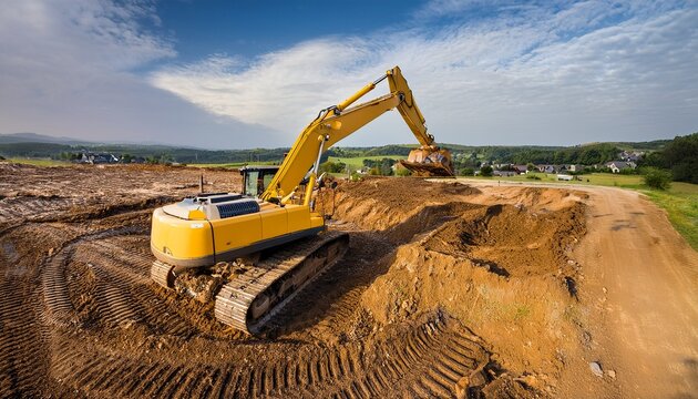 large yellow industrial excavator construction backhoe on earthworks aerial drone photo