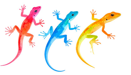 Hand drawn watercolor animals leap in vibrant colors showcasing three lizards in red blue and orange hues
