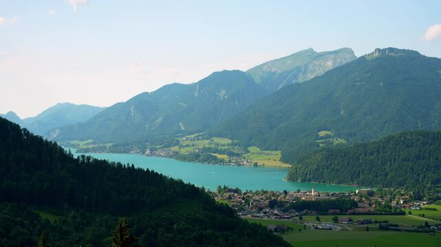 Timelapse of Lake Wolfgang and Strobl am Wolfgangsee in the Salzburg Alps region during the summer in Austria