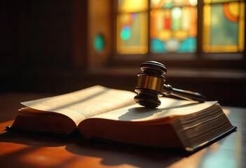 Gavel and Law Book in a Stained Glass Lit Room