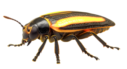 Detailed macro view of a striking black and yellow striped beetle with intricate textures and glowing orange highlights isolated on transparent background