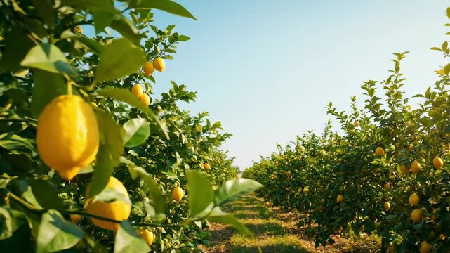 Rows of lemon trees under a bright sky with closeup lemons hanging from a branch in the foreground