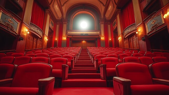 Grand  theater interior with rows of red seats.
