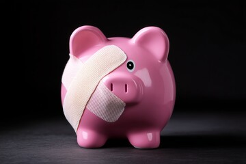 Damaged Pink Piggy Bank with White Bandage, Financial Recovery Symbol in Savings Concept, Broken Money Container with Healing Design, Economic Resilience in Personal Finance, Injured Wealth Protection