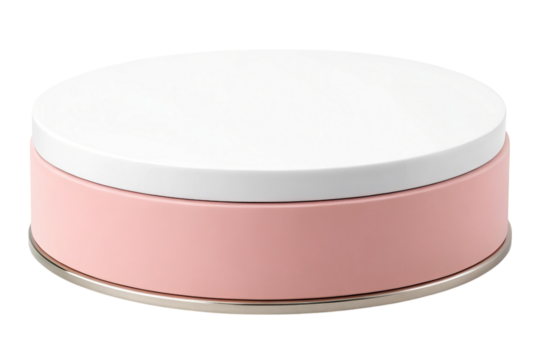 Modern round pink and white cosmetic jar with silver base isolated on transparent background