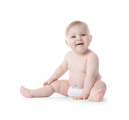Cute little baby in diaper on white background