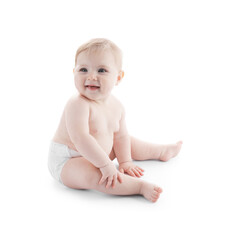 Cute little baby in diaper on white background