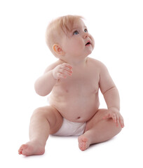 Cute little baby in diaper on white background