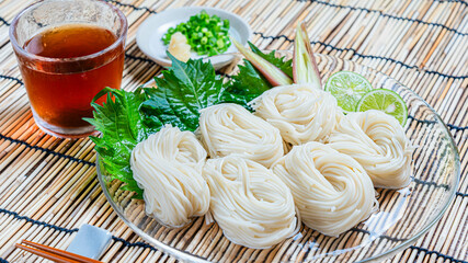 薬味と共に盛り付けた手延べ素麺の涼しげな夏の一皿