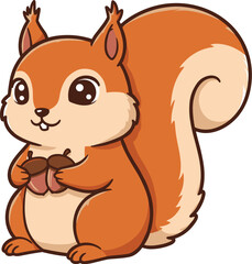 Fototapeta premium Cute Cartoon Squirrel Illustration Holding Acorns in a Forest Setting, Vector EPS Art for Kids' Room Decor, Playful Environment, Whimsical Viewpoint