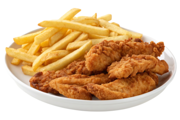 Crispy golden fried chicken tenders and french fries served on a white plate isolated on transparent background