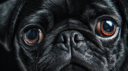 Close-up of a Cute Black Pug's Face with Large Expressive Eyes and Wrinkled Skin on a Dark Background