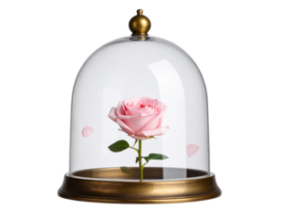 Side Angle of Magical Enchanted Rose in Bell Jar with Floating Petals, Isolated on Transparent Background