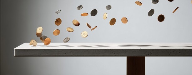 Raining Coins: A captivating image capturing the precise moment of coins cascading down onto a minimalist surface, a stunning visual depiction of wealth, prosperity, and financial success. 
