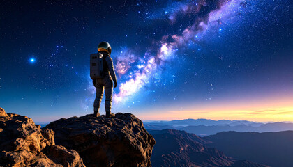 Astronaut standing on a mountain peak gazing at the Milky Way galaxy.