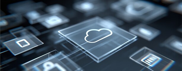 Cloud Computing Visuals: A cutting-edge digital rendering presents a translucent cloud icon, symbolizing the essence of cloud computing, surrounded by other digital symbols representing technology.