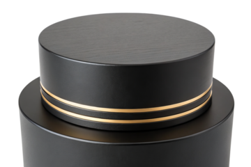 Modern black cylindrical container with gold accent bands isolated on transparent background