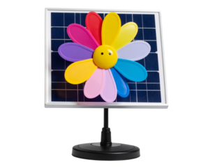 Front View of Solar-Powered Dancing Flower Toy with Colorful Petals and Black Solar Panel Base, Isolated on Transparent Background