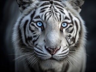 Fototapeta premium Close-up Portrait of a White Tiger with Striking Blue Eyes, Detailed Fur Patterns and Intense Wild Animal Expression