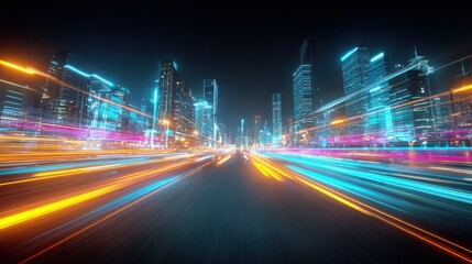 Futuristic cityscape at night with vibrant neon lights and illuminated skyscrapers creating a dynamic urban scene with moving light trails and high-tech architecture