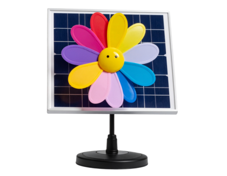 Front View of Solar-Powered Dancing Flower Toy with Colorful Petals and Black Solar Panel Base, Isolated on Transparent Background