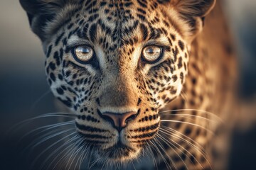 Close-up of a majestic leopard with piercing blue eyes showcasing detailed fur patterns and intense gaze in natural lighting