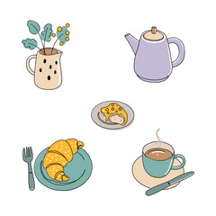 Cozy breakfast layout with a croissant, coffee, teapot, and decorative pitcher