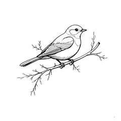 Songbird perched on tree branch handdrawn in black and white icon sketch style