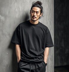 Obraz premium Stylish young man with long hair tied up in a bun wea a casual oversized black t-shirt and relaxed pants posing against textured gray wall in modern urban setting
