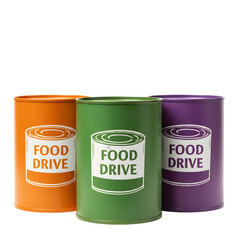 Row of colorful food donation cans promoting charity on transparent background
