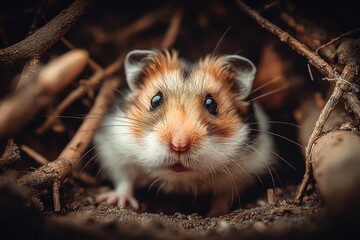 Close-up of a cute wild hamster with fluffy fur and small round ears peeking out from a natural forest floor with twigs and soil