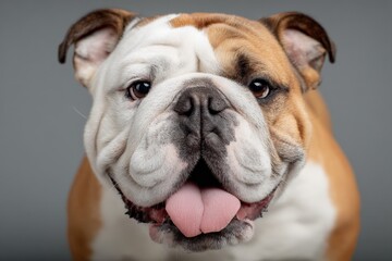 Obraz premium Close-up of a Friendly English Bulldog Dog with Wrinkled Face and Happy Expression Looking at Camera on Grey Background