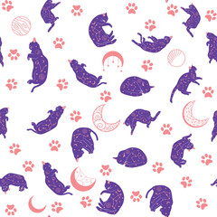 Mystical seamless pattern of cats in boho style, silhouette collection. Esotericism and mysticism, occultism. Cartoon flat vector illustrations, isolated