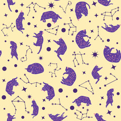 Mystical seamless pattern of cats in boho style, silhouette collection. Esotericism and mysticism, occultism. Cartoon flat vector illustrations, isolated