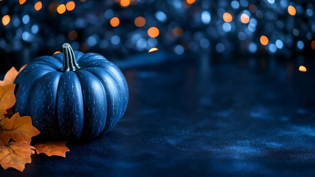 A dark, mystical blue pumpkin with speckled texture on a textured surface with fallen leaves, ideal as a background for atmospheric Halloween, autumn, or spiritual themed content.