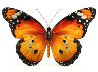 Fototapeta premium Vibrant orange and black butterfly with detailed wings spread open showing intricate patterns and delicate antennae isolated on a white background