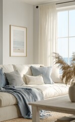 Bright living room with large window natural sunlight white sofa light blue cushions cozy home interior decor