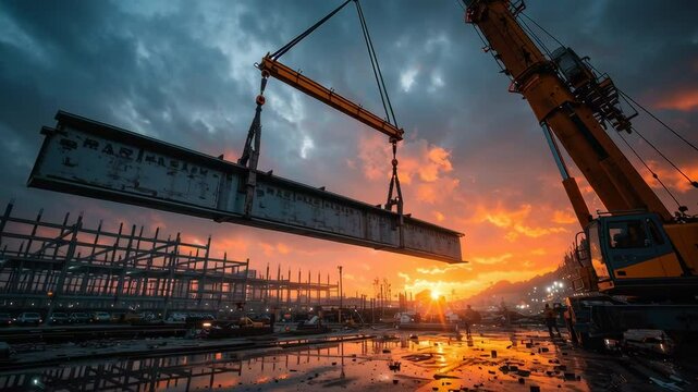 A construction crane lifting a large steel beam into place for a new factory building, sunrise background, symbolizing progress and future, epic scale, ultra-detailed,