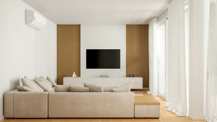 Photorealistic 3D rendering of a modern interior living room, digitally designed with no trademarks or recognizable copyrighted elements. Image created by a 3D artist for architectural visualization