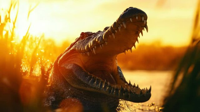 Large alligator opens mouth at sunset by the water