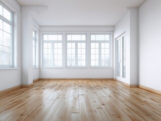 Obraz premium Bright spacious empty room with large natural daylight wooden floor minimal interior design modern residential interior space