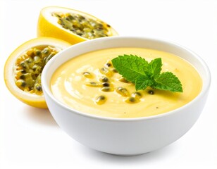 Refreshing Brazilian passion fruit mousse (Mousse de Maracuj&aacute;) in a white bowl, garnished with fresh passion fruit.